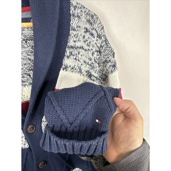 Tommy Hilfiger Shawl Collar Knit Cardigan Navy Red White Striped Men’s XL - Picture 2 of 8